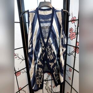 Democracy Blue And Cream Striped Sleeveless Long Cardigan Sweater Size XL Cotton